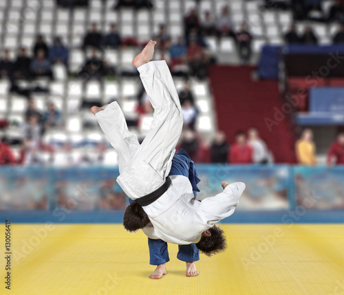 Judokas fighters fighting men on fans background