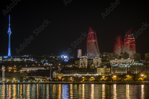 Evening view of the tower of Flame Towers  Baku  Azerbaijan