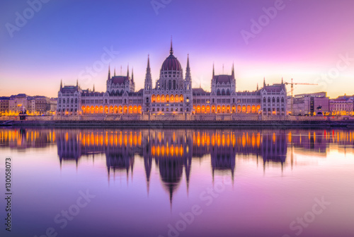 Hungarian Parliament and the Danube river at night, Budapest, Hungary