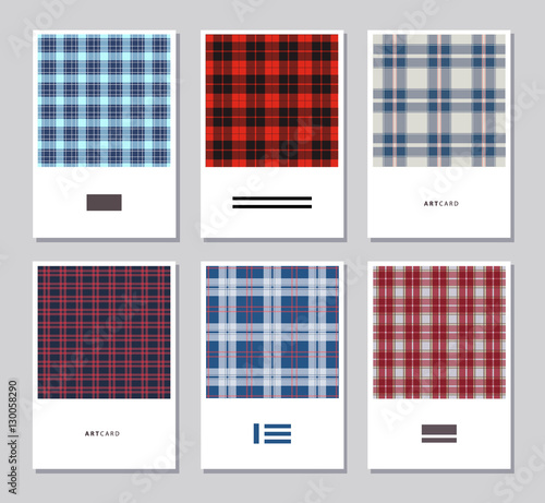 Vector set of artistic abstract cards with tartan colorful patterns.