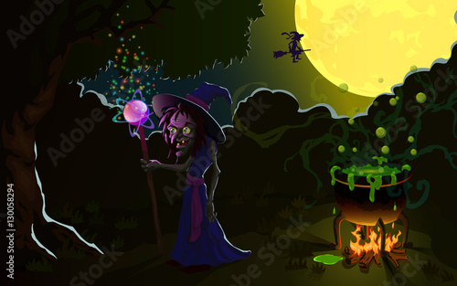 Witch on Halloween, brews a potion in a cauldron. Vector Illustration.