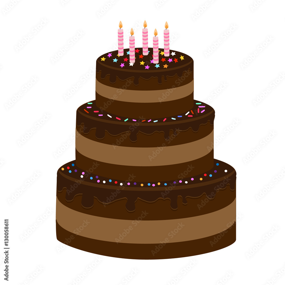 Big brown cake with candle on white background Big brown cake with candle on white background