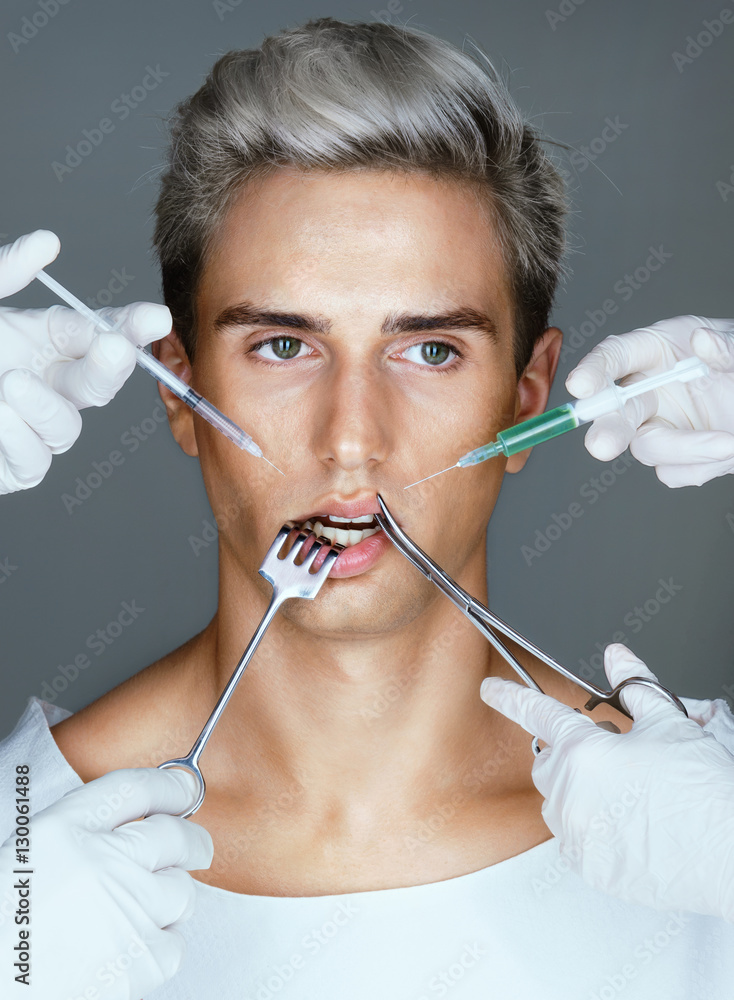 Beauty victim. Man changes his appearance and get Botox injections for