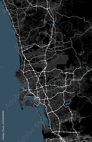 Black and white map of San Diego city. California Roads