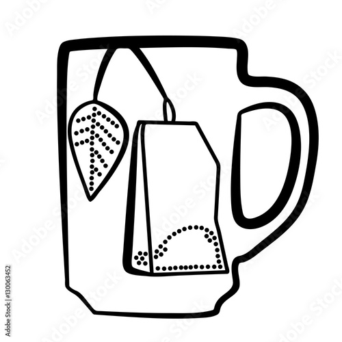 Vector Illustration of tea cup with tea-bag black and white 