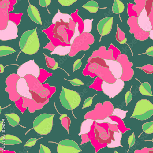 Seamless pattern with roses, buds and leaves. Vector hand drawn pattern. Good for packing design, textile industry, wallpapers and backgrounds.