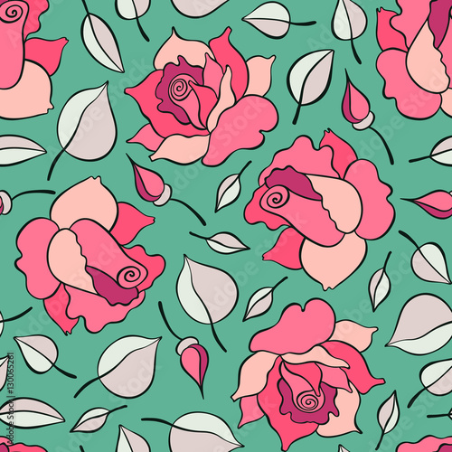 Seamless pattern with roses, buds and leaves. Vector hand drawn pattern. Good for packing design, textile industry, wallpapers and backgrounds.