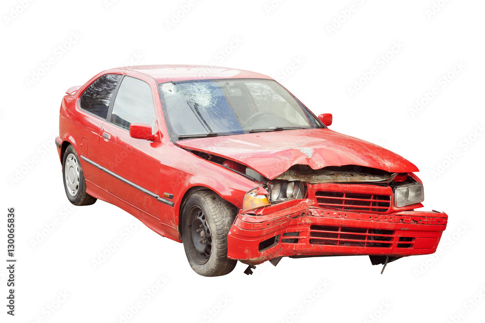 wrecked red car in accident