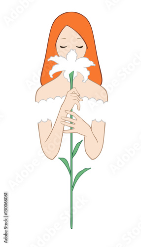 Art sketching of beautiful young redhead bride with lily flower. Vector illustration, isolated on white background..