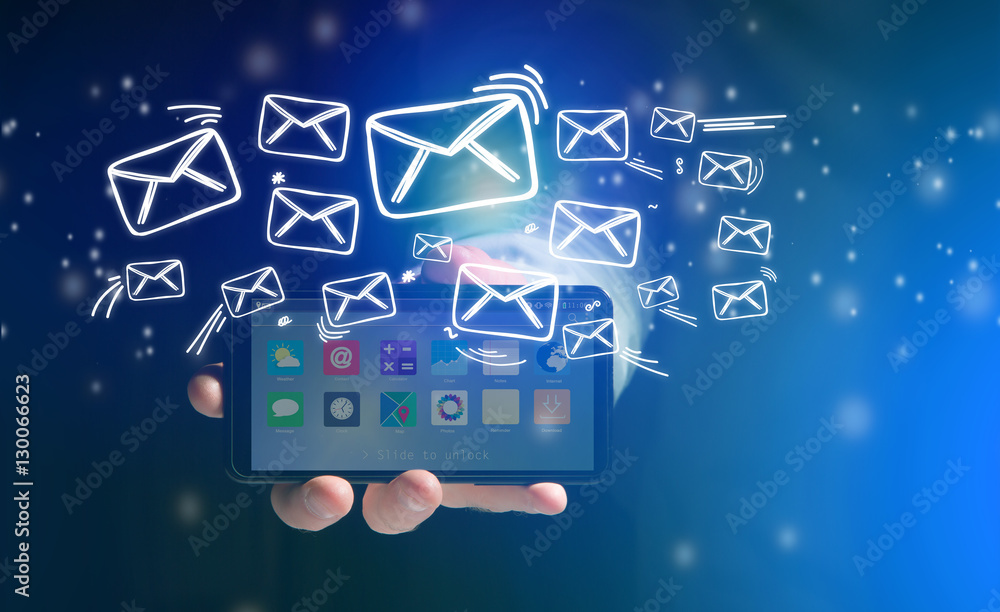 Concept of sending message with smartphone with email icon aroun Concept of sending message with smartphone with email icon aroun