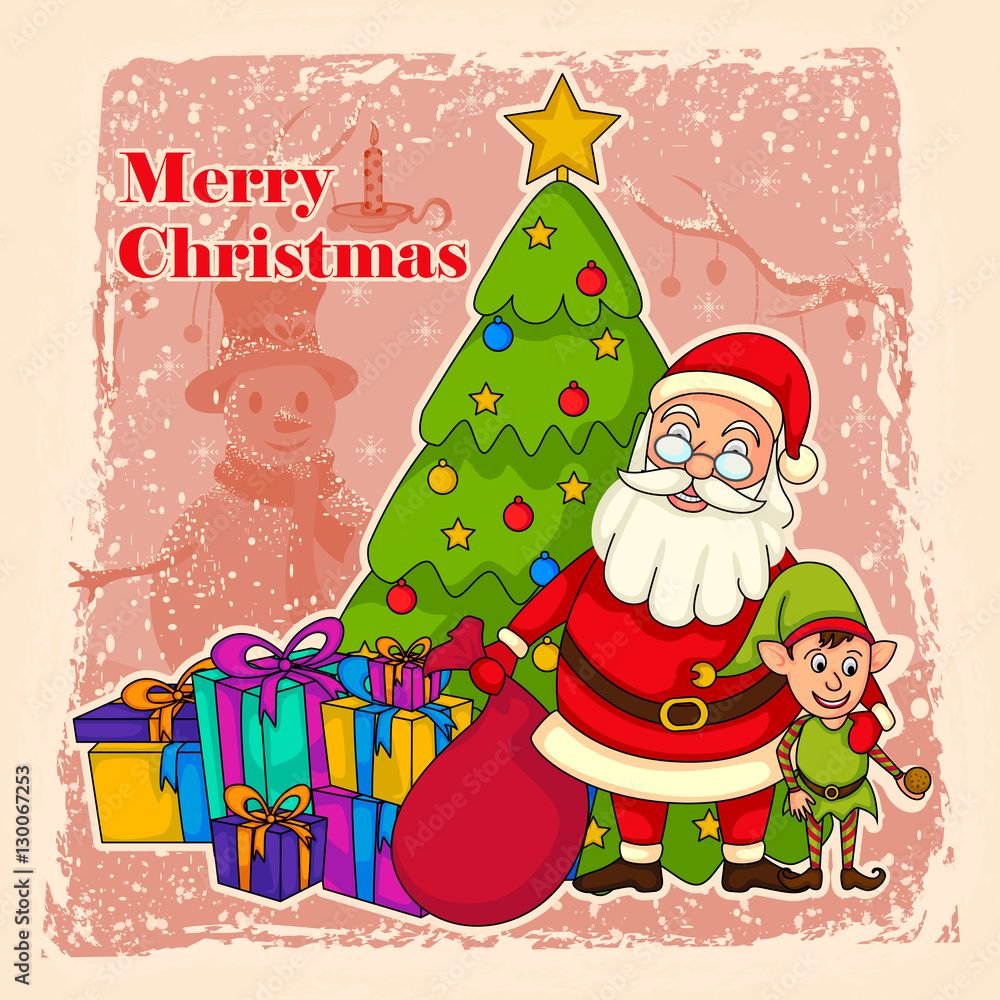 Santa Claus with Elf for Merry Christmas holiday celebration background