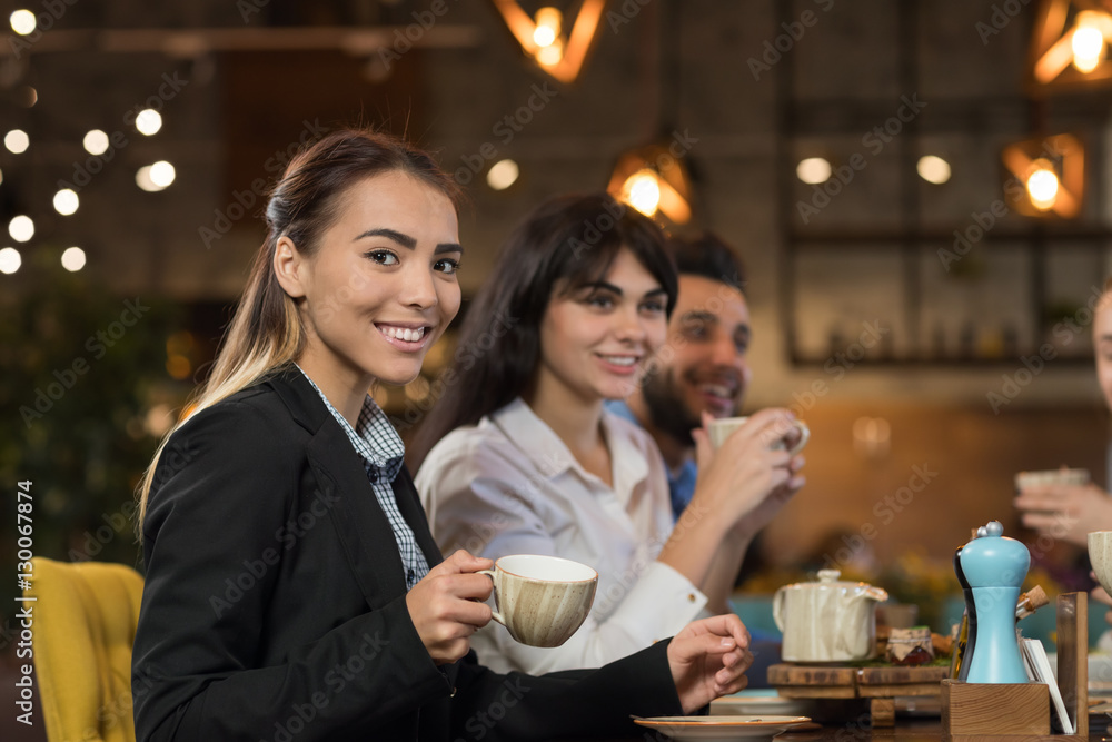 Young Business People Group Drink Coffee Sitting Cafe Table, Asian Girl