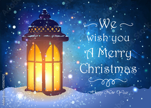 Christmas greeting card with vintage lantern on snow with magical lights at snowfall night sky background. Unusual vector illustration