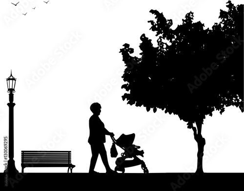 Grandmother walking with her grandson in stroller in park, one in the series of similar images silhouette
