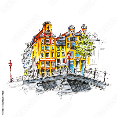 Color hand drawing, city view of Amsterdam typical houses and bridge, Holland, Netherlands. Picture made liner and markers