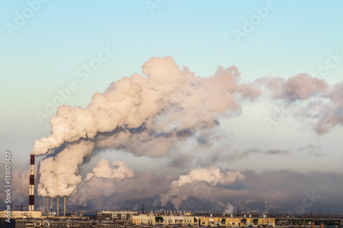 fuming pipe / factory working / air pollution / emissions / clouds of smoke