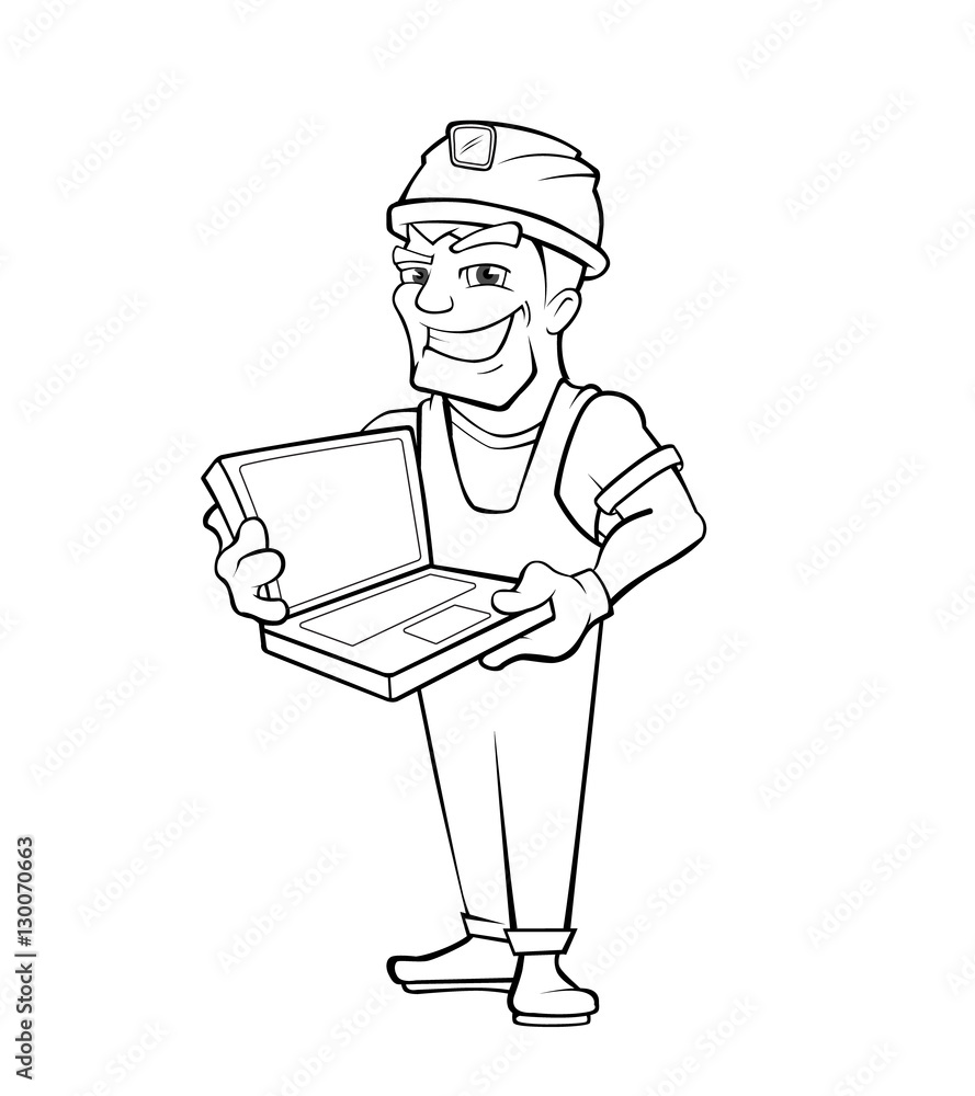Builder with laptop, helmet. Isolated on white background. Builder with laptop, helmet. Isolated on white background.