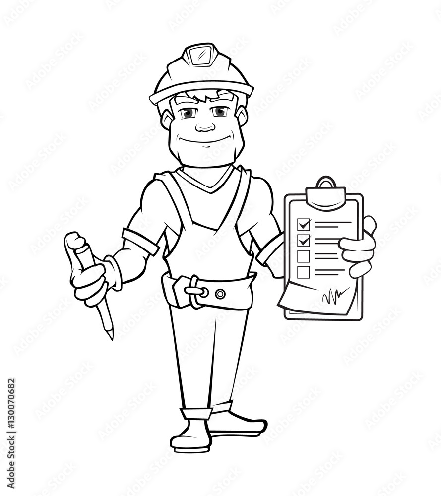 builder in helmet standing and holding order paper builder in helmet standing and holding order paper