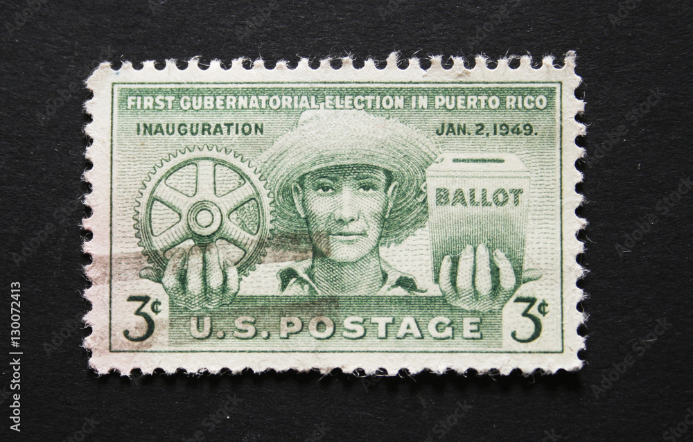 Fototapeta premium American vintage postage stamp about election in Puerto Rico