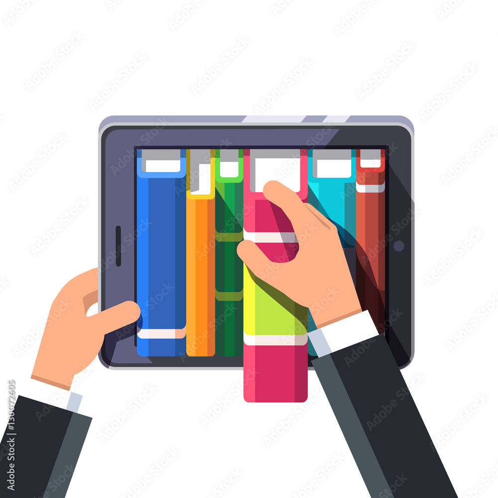 Businessman taking out book from a virtual shelve Businessman taking out book from a virtual shelve