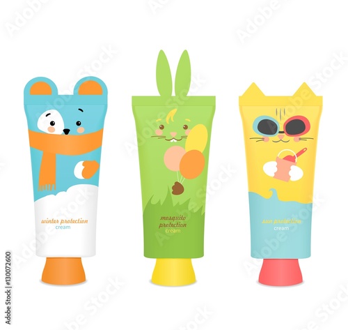 Baby cosmetic tubes with kids design. Vector