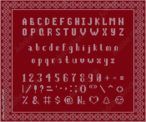 Christmas knitted font. Latin Alphabet on seamless background