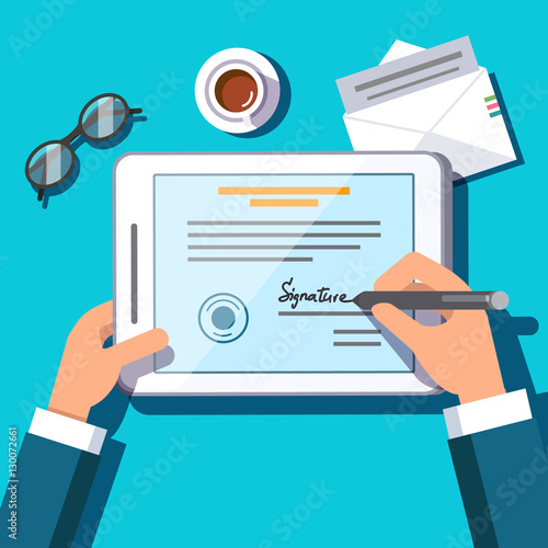 Business man writing an electronic signature