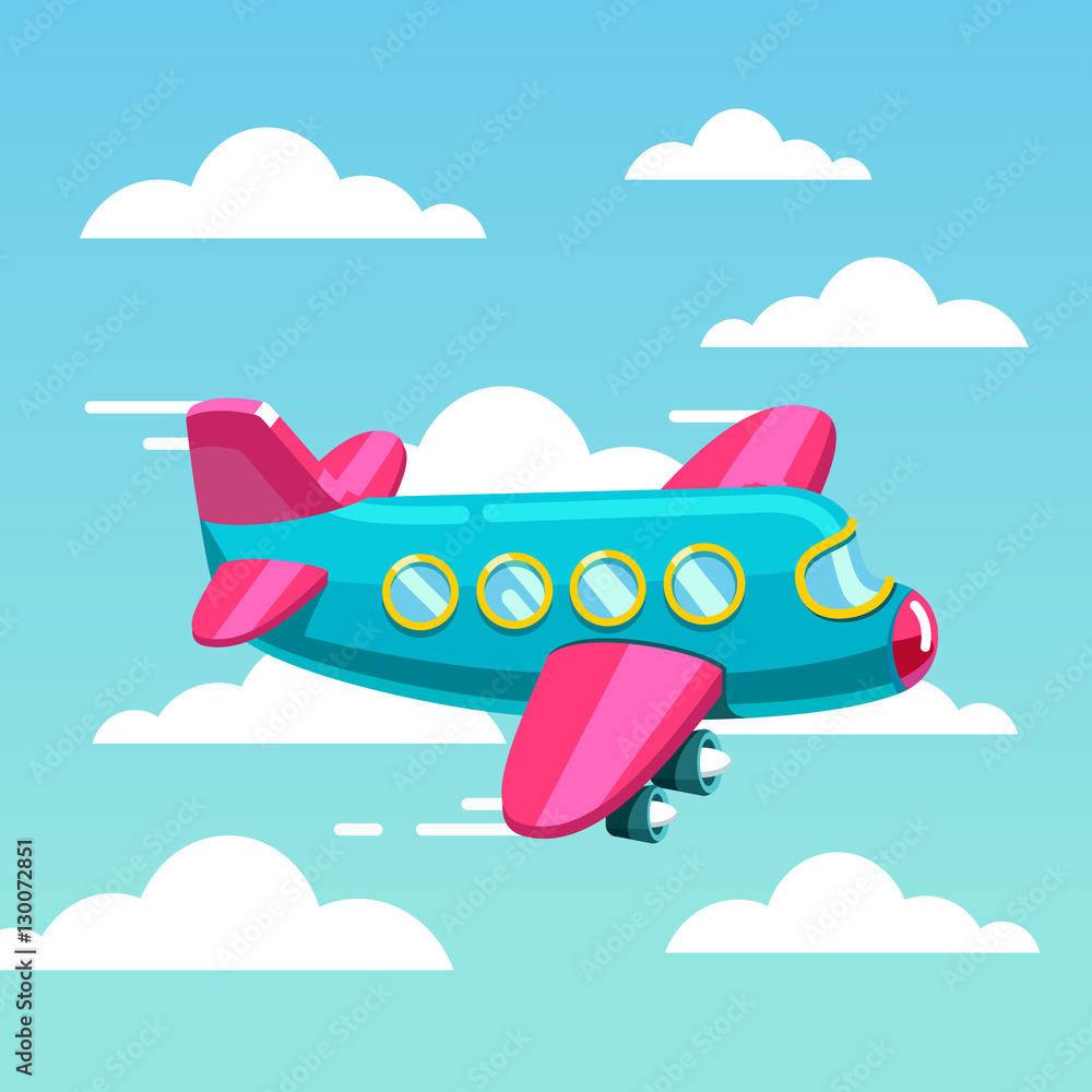 Obraz premium Cute comic air plane jet flying fast in the sky