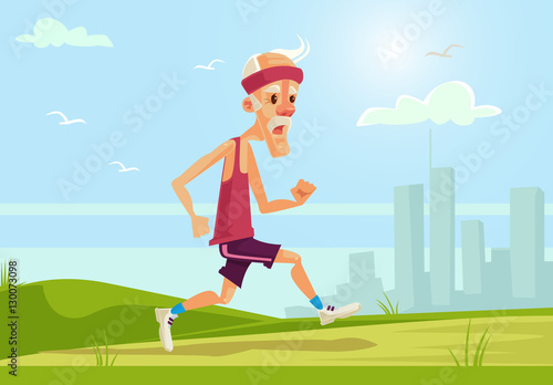 Old sport man character running. Healthy lifestyle. Vector flat cartoon illustration