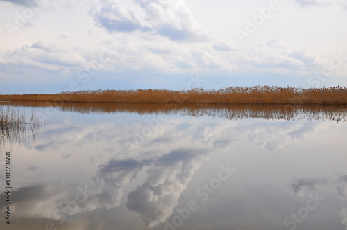 The clouds and dry the reeds reflecting in the water
