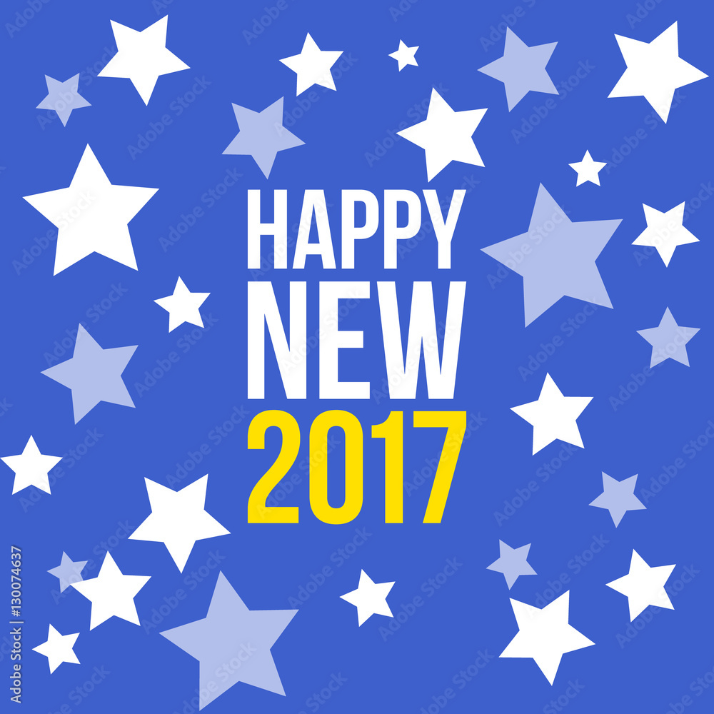 Snow with stars Happy new year 2017 postcard template isolated on blue background