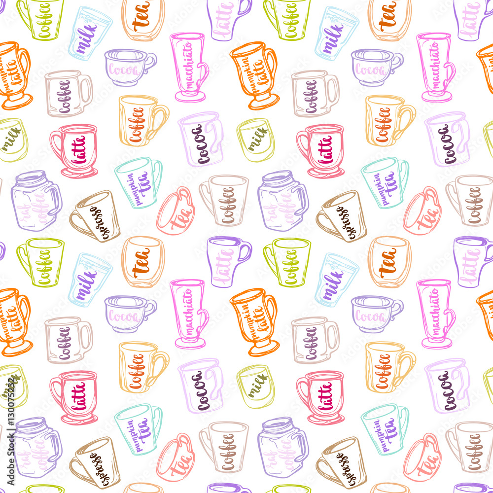 Decorative vector similar pattern with illustration of cups, mugs and glasses and handwritten brush lettering. Decorative vector similar pattern with illustration of cups, mugs and glasses and handwritten brush lettering.
