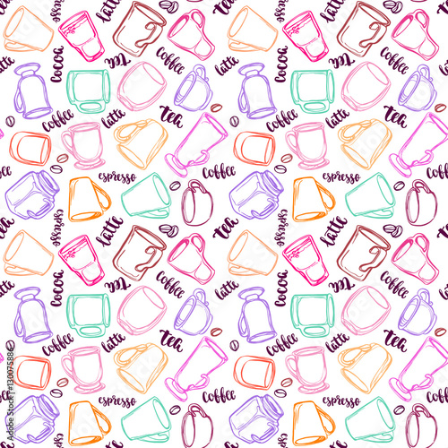 Decorative vector similar pattern with illustration of cups, mugs and glasses and handwritten brush lettering.