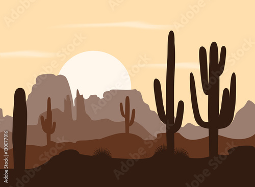 Morning landscape with saguaro cacti and mountains. Vector illustration