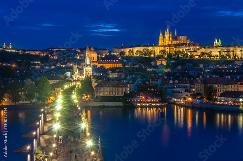 Panorama with the Charles Bridge and the St. Vitus Cathedral, Prague by night