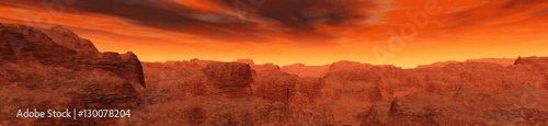 Martian landscape. Mars. Panorama sunset on Mars. 