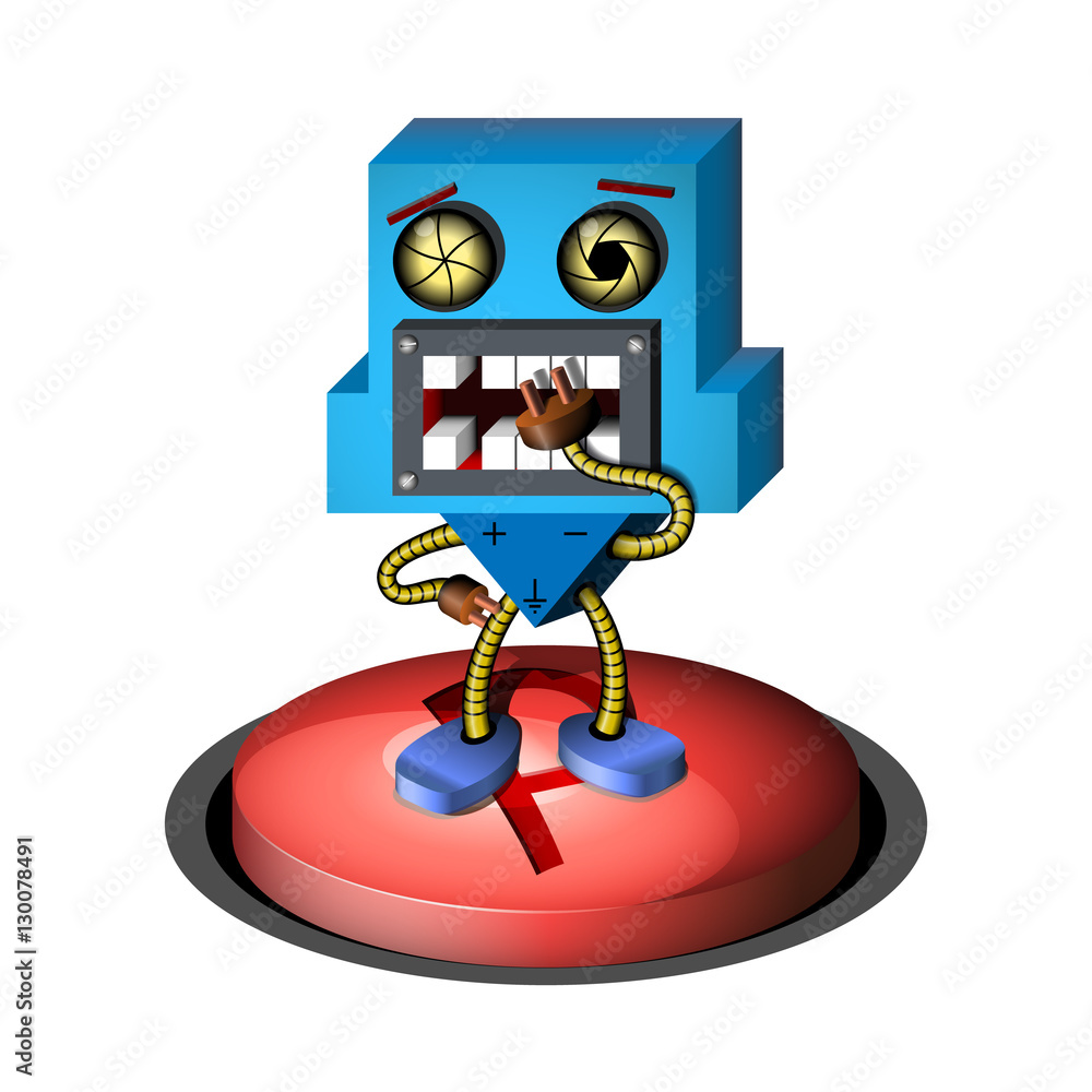 Fototapeta premium The surprised 3D robot on the Start-up button