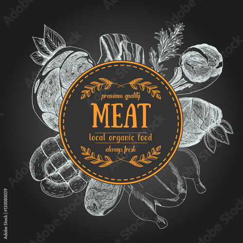 Design template for meat market. Menu label with meat meal. Hand-drawn vector illustration