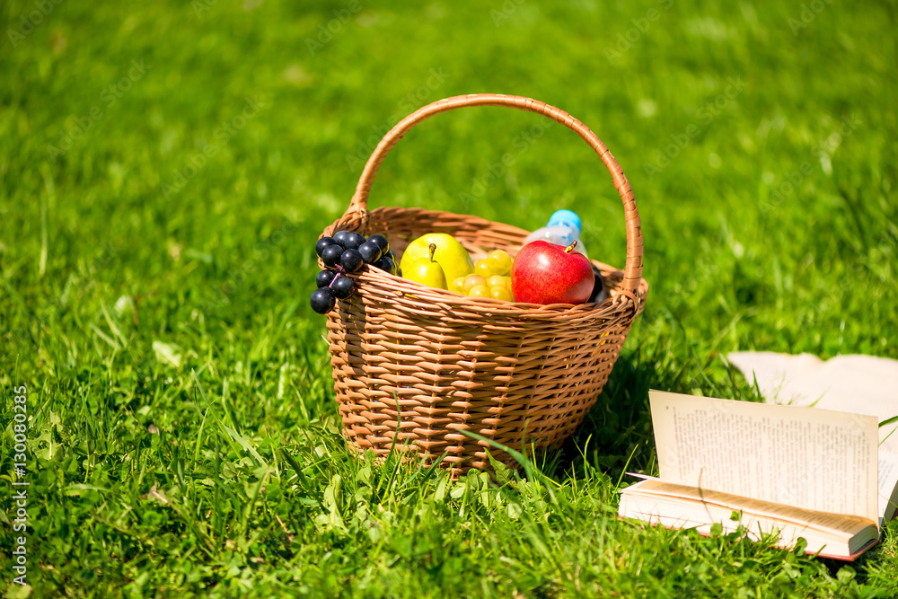 a fruit basket and an open book on a green lawn closeup a fruit basket and an open book on a green lawn closeup