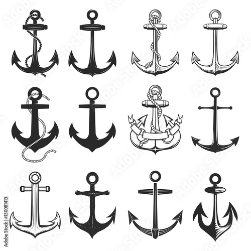 Big set of vintage style anchors isolated on white background. Design elements for t-shirt, poster. Vector illustration.