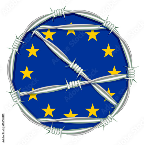 Yellow stars on blue background symbol of European Union behind barbed wire. Migration problem