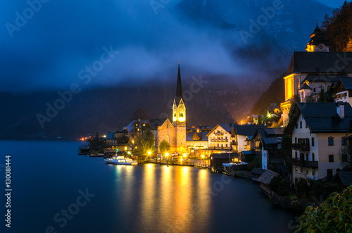 Night View of Lakeside Village in the Austrian Alps. Hallstatt, Austria