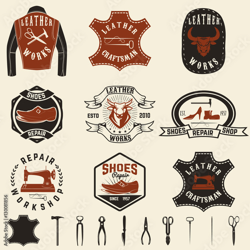 Set of repair workshop labels and design elements. Leather works, shoe repair,  apparel workshop. Design element for logo, label, emblem, sign, brand mark. Vector illustration.