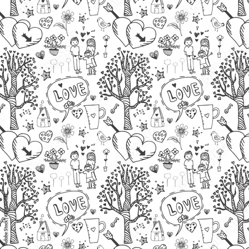 Doodle vector freehand drawing of love pattern seamless on white background