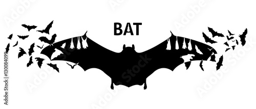 Isolated Flying bat silhouettes with double exposure effect and the bats on the background