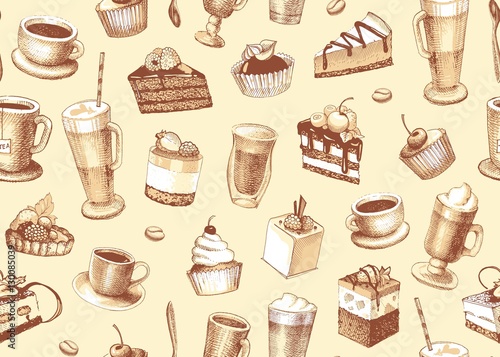 Seamless background with cakes, cupcakes and coffee