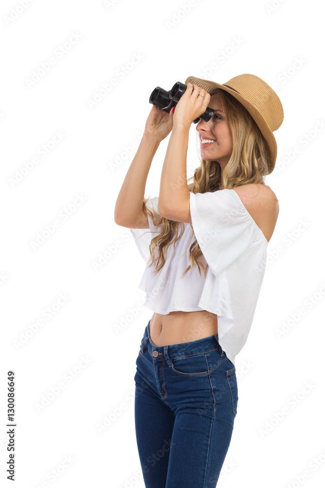Curious Woman Looking Through Binoculars Curious Woman Looking Through Binoculars