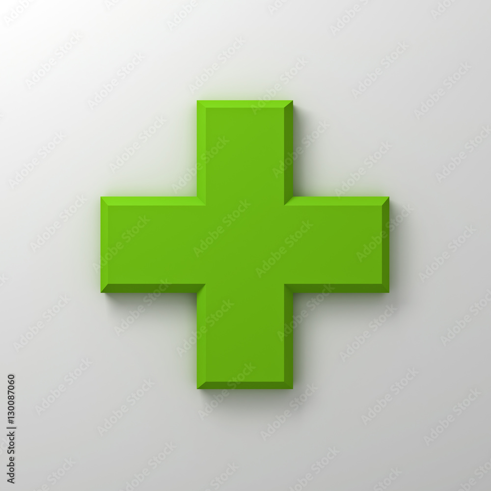 Green plus sign abstract on white wall background with shadow 3D rendering Green plus sign abstract on white wall background with shadow 3D rendering
