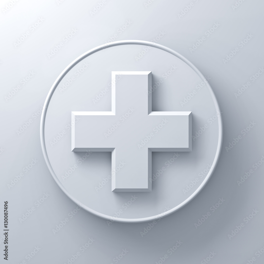 White plus sign abstract on round signboard over white wall background with shadow 3D rendering White plus sign abstract on round signboard over white wall background with shadow 3D rendering