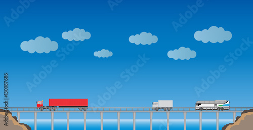 Truck and Bus on  Bridge with Nature  Landscape Background